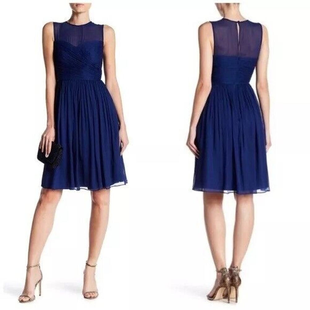 J Crew Womens Dress Sz 2 Clara 100% Silk Sheer Chiffon Neckline NEW Navy Blue